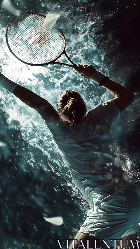 Tennis player serving in dramatic water splash scene.