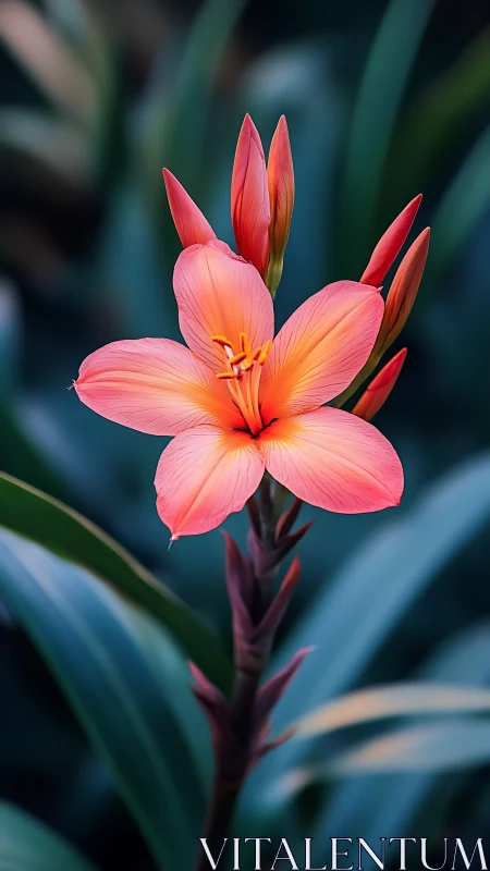 Clivia miniata flower cluster with unopened buds against blurred foliage background