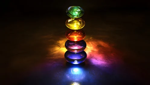 Luminous rainbow orbs stacked like a quiet cosmic totem.