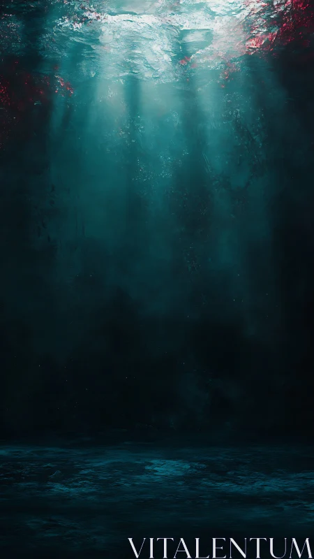 Subaquatic volumetric light shafts in abyssal teal chamber.
