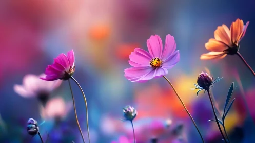 Cosmos Flowers Bloom Against Vibrant Gradient Sky.