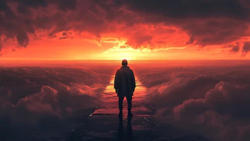 Solitary human silhouette on elevated cloudway at spectral sunset.