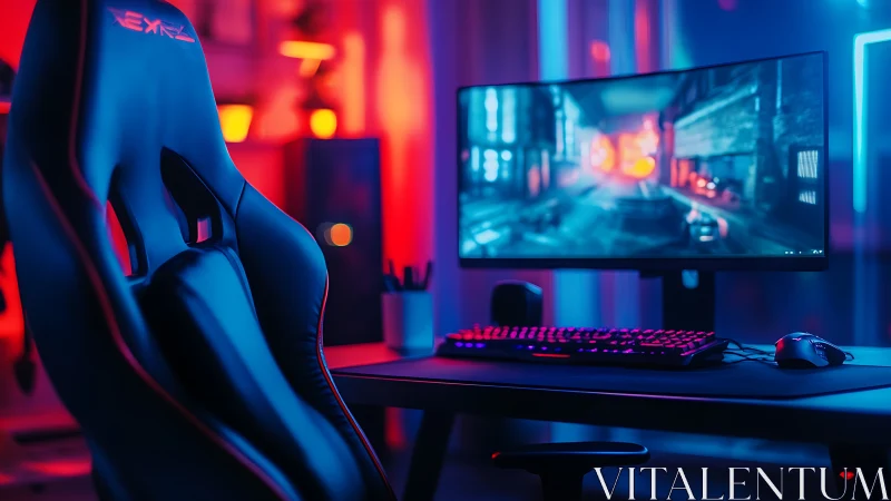 RGB-lit gaming desk with ultrawide monitor and chair.