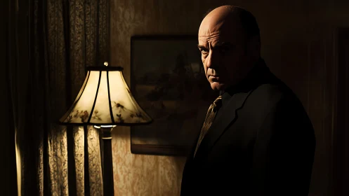 Sharp sidelighted man stands beside warm vintage lamp