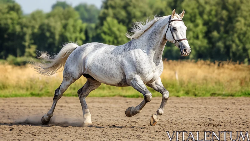Galloping white horse enjoys a bright day outdoors