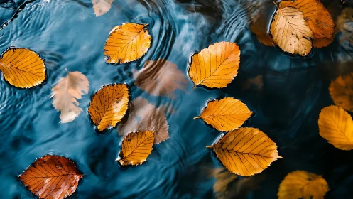 Golden autumn leaves drifting across deep blue water.