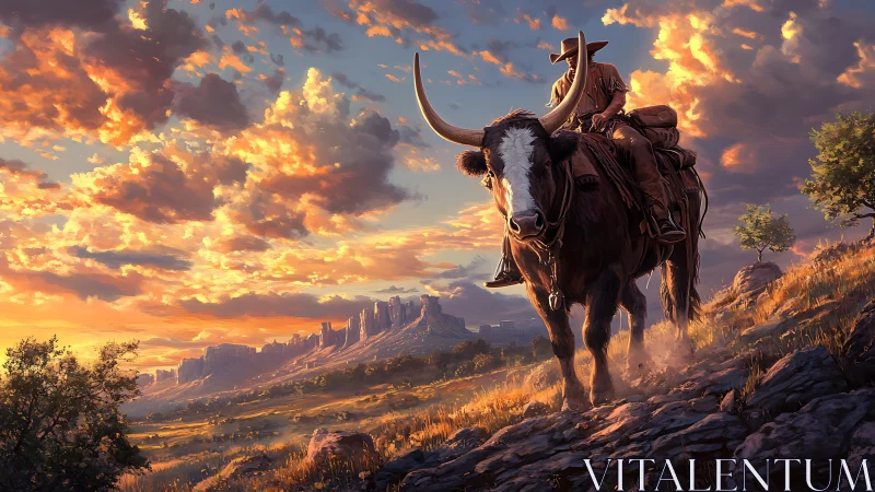 Western rider on longhorn crossing sunlit canyon ridge.