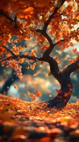 Autumn tree with falling orange leaves on forest floor.