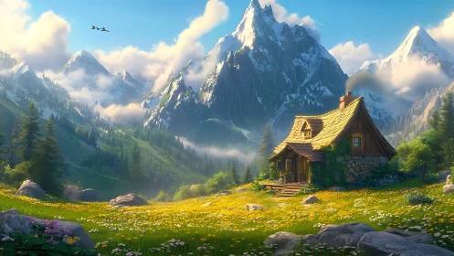 Sunlit mountain cottage quietly hums in a meadow of gold