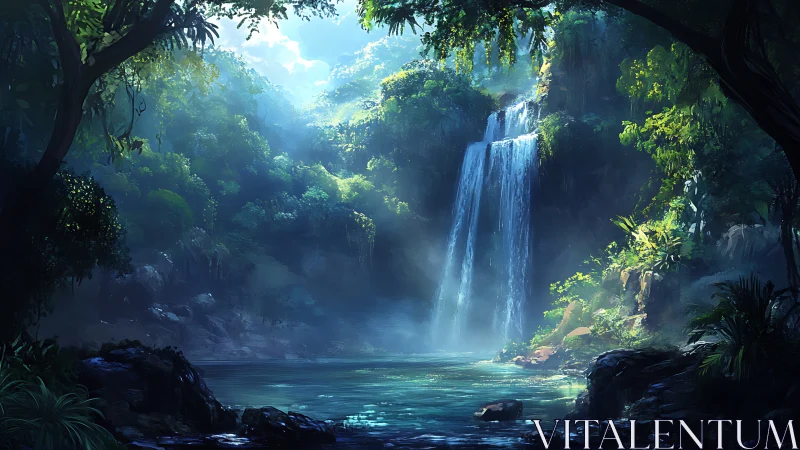 Waterfall in cavern landscape with lush vegetation and water