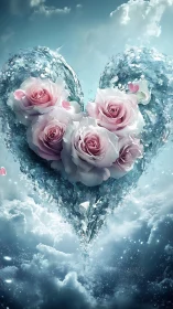 Pink roses embedded within crystalline ice heart formation suspended in clouds