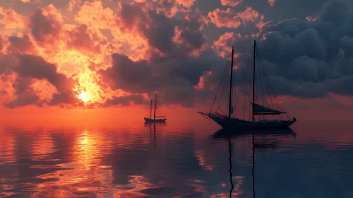 Sailing vessels are silhouetted against a low sun over calm water