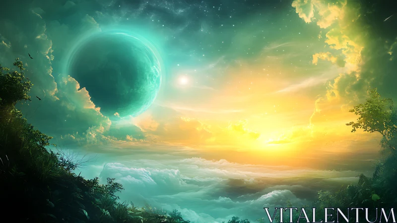 Distant teal planet over luminous cloudscape sunrise.