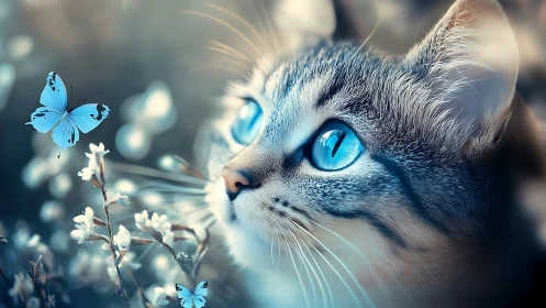 Blue-Eyed Cat with Butterfly and White Flowers.