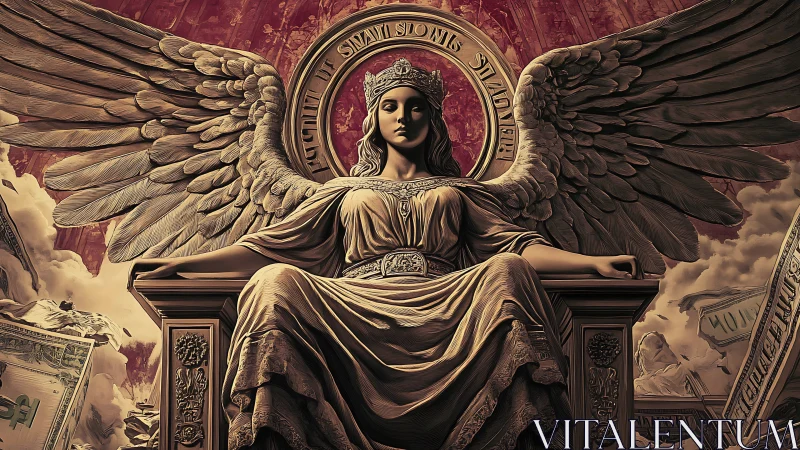 Winged crowned woman seated on ornate throne in temple