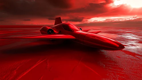 Crimson concept jet on reflective alien shoreline at dusk.