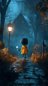 Child in yellow raincoat walks alone on wet path at night