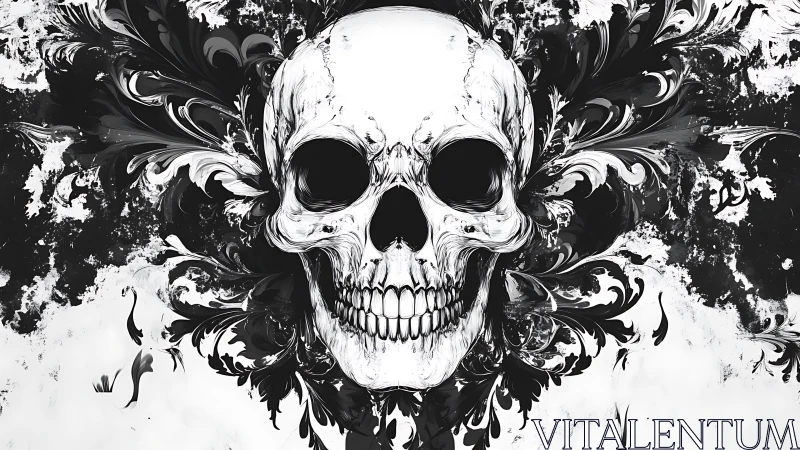 Symmetrical skull illustration merges baroque flourishes and ink splatter