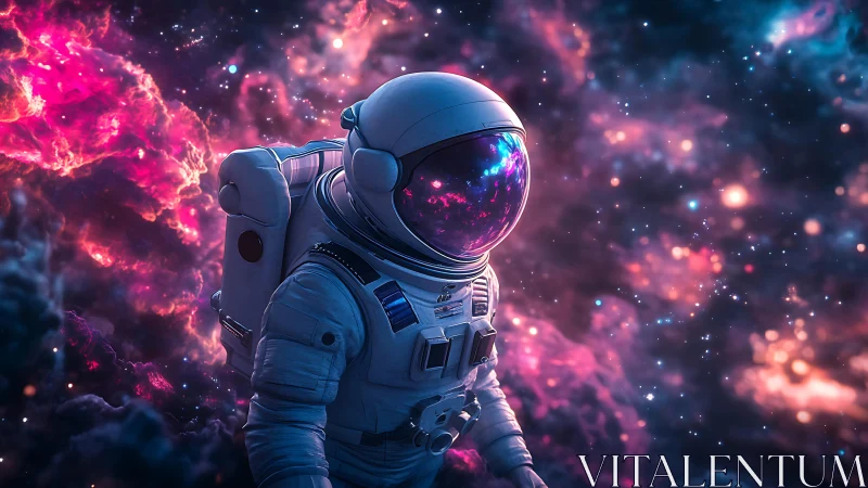 Astronaut floating in vivid pink and blue deep space nebula.