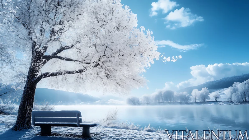 Quiet winter lakeside bench under soft frosted branches.