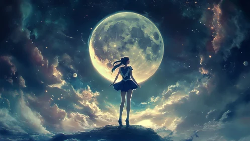 Girl stands before a luminous moon in a dreamlike cosmos