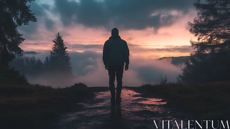 Backlit hiker silhouette on misty forest trail at sunrise