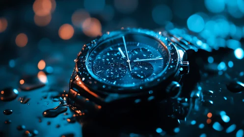 Chronograph wristwatch under bokeh-lit hydrostatic stress test.
