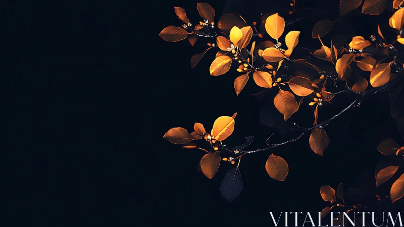 Golden Autumn Leaves on Dark Background, Minimalist Nature Art.