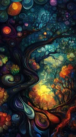 Swirling enchanted forest glows in dreamy sunset light