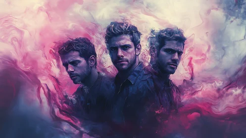 Triptych portrait dissolving into swirling neon clouds.