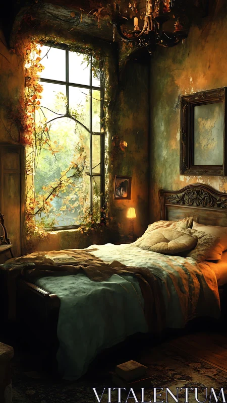 Sunlit rustic bedroom with overgrown window and vines.