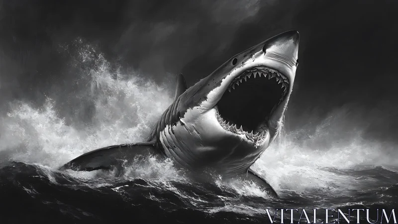 Great white shark breaching through storm-tossed monochrome sea.