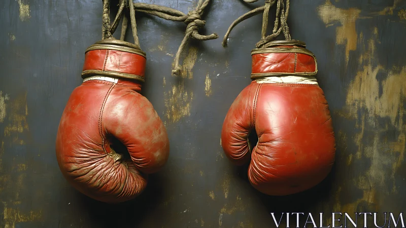 Vintage Boxing Gloves Suspended. Worn Leather Equipment.