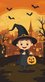 Cheerful tiny witch strolls through glowing Halloween night.