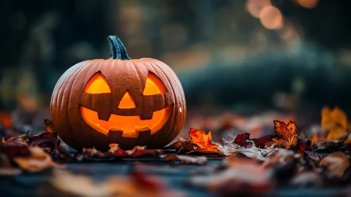Glowing jack o lantern on wet autumn leaves at twilight