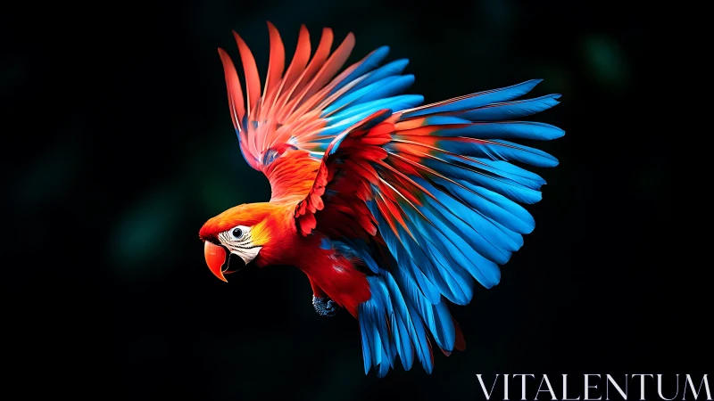 Vibrant Scarlet Macaw in Flight Against Dark Background, Realistic Style.