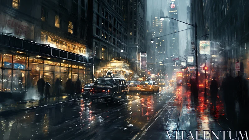 Rain soaked city street with taxis and neon reflections.