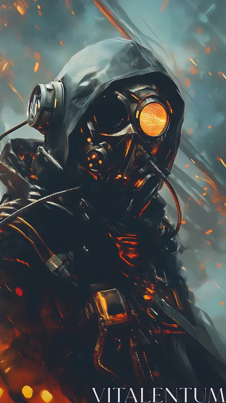 Cyberpunk exosuit operative with incendiary visor lighting.