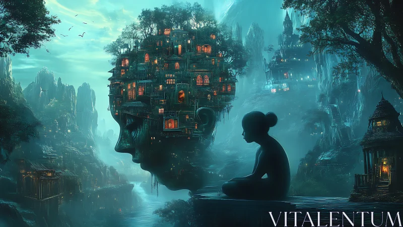 Meditative child before luminous head-shaped forest city.