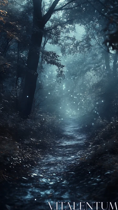 Ethereal Forest Path: Luminescent Mist Through Ancient Trees