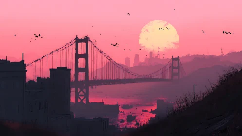 Golden Gate suspension bridge under neon pink cinematic sunset.