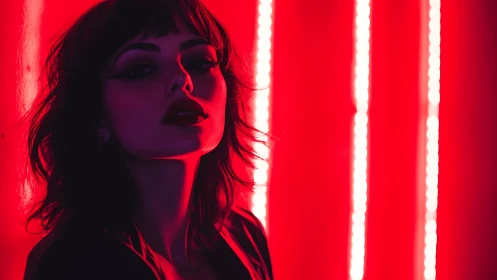 Neon-lit portrait frames intense gaze in crimson glow.