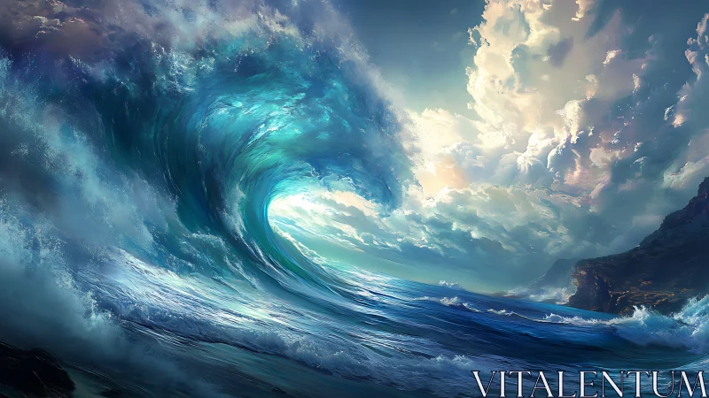 Massive crashing wave under dramatic glowing sky seascape.