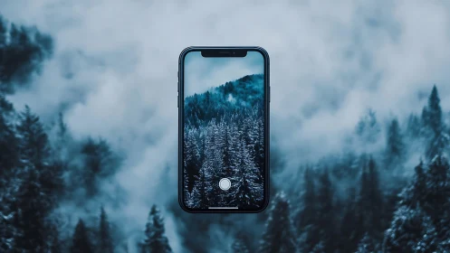 Floating smartphone framing misty blue conifer forest vista
