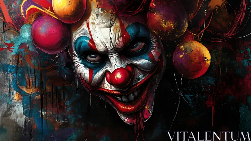 Vivid eerie clown portrait glowing in bold carnival color.
