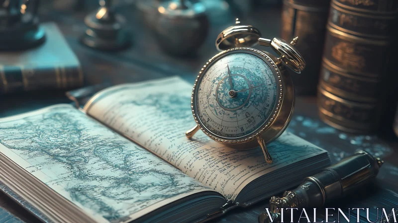 Vintage celestial clock on open map journal in study
