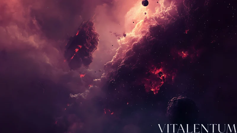 Stellar nebula storm with molten asteroids and crimson glow.