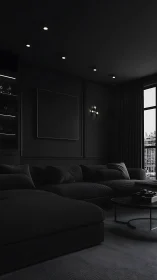 Monochrome lounge interior with low-key architectural lighting.