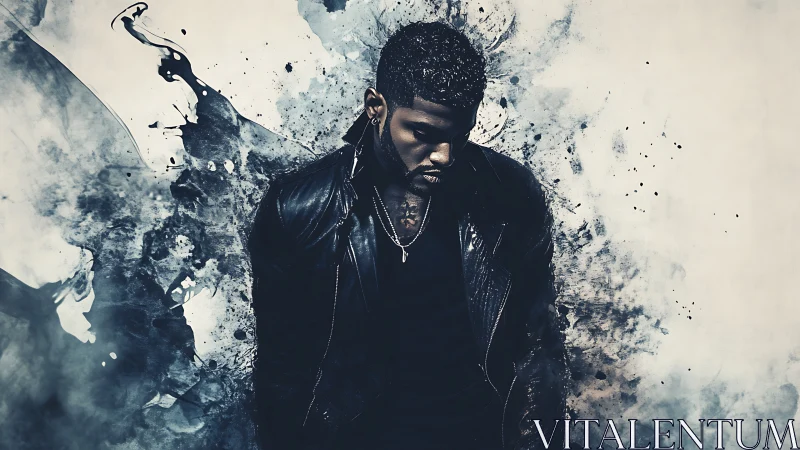 Male figure in leather jacket amid abstract ink textures.