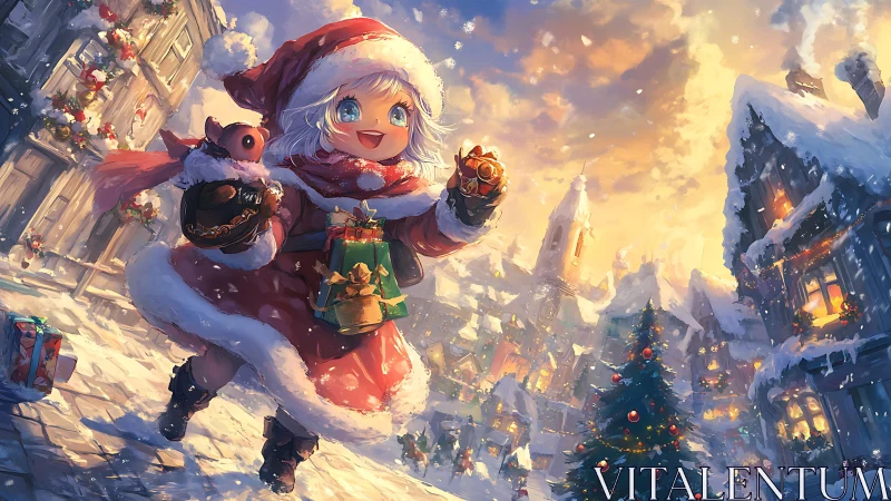 Festive child in red coat crossing glowing snowy village street.